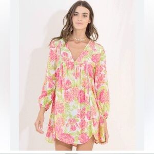 MAAJI Pink Beachy V-Neck Flowy Floral Mini Dress Medium